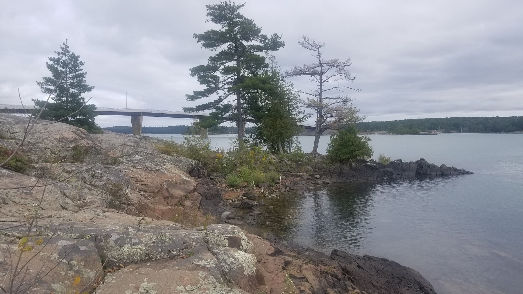 view of shoreline with trees and granite rock