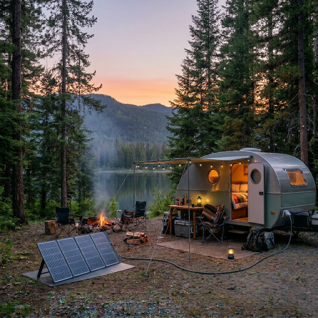 Small camper trailer with string lights near a campfire and lake at dusk in forest