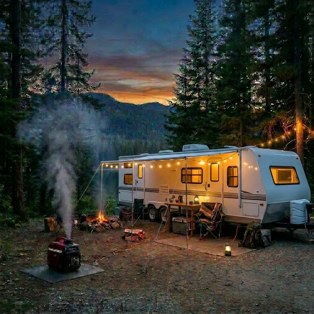 Small camper trailer with string lights near a campfire and lake at dusk in forest
